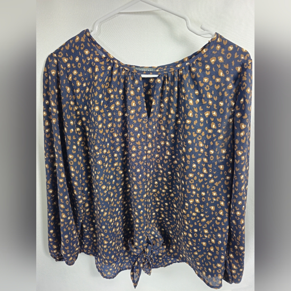 West Kei Navy Blouse with Metallic Gold Spot Print